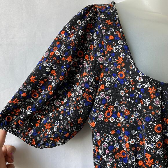 BCBGeneration Puff Sleeve Boho Floral Dress 8 Blue Orange Cottagecore Ruffle Hem - Picture 6 of 13